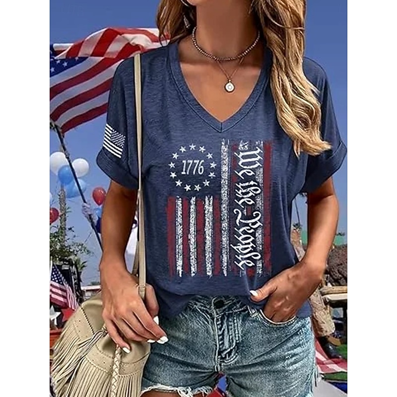 Women's Patriotic  T Shirt Graphic American Flag Vintage Stylish Classic Short Sleeve V Neck Regular Tops Daily Print Black Navy Blue Dark Gray Summer Spring2