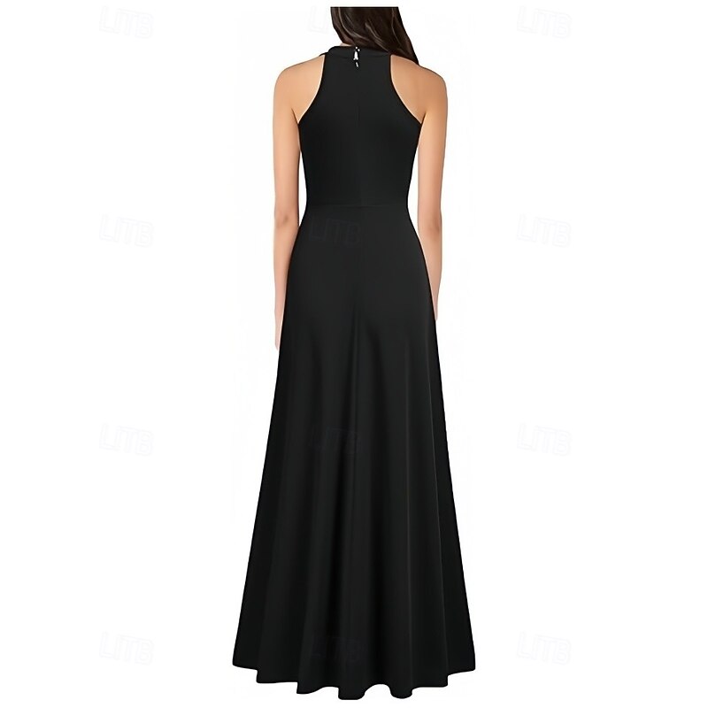A-Line Wedding Guest Dresses Elegant Dress Wedding Guest Engagement Floor Length Sleeveless Crew Neck Stretch Crepe with Pleats Slit2