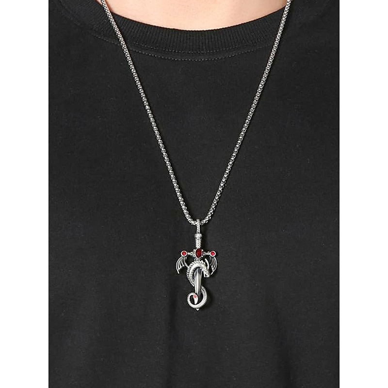 Men's Gothic Dragon Sword Pendant Necklace with Red Gemstones – Vintage Style, Perfect for Halloween Parties and Gothic Events3
