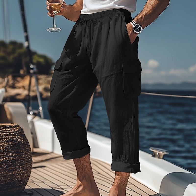 Men's Cargo Pants Linen Pants Trousers Shorts Summer Pants Elastic Waist Drawstring Straight Leg Plain Comfort Breathable Full Length Casual Daily Holiday Vacation Fashion Black White4