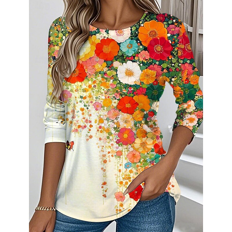 Women's T shirt Long Sleeve Crew Neck Long Sleeve Tunic Floral Graphic Plants Vintage Stylish Classic Regular Tops Daily Weekend Print Yellow Blue Green  Prefall2