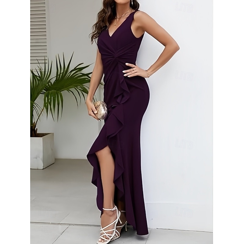 Mermaid / Trumpet Wedding Guest Dresses Elegant Dress Wedding Guest Engagement Asymmetrical Sleeveless V Neck Stretch Crepe with Ruffles Slit4