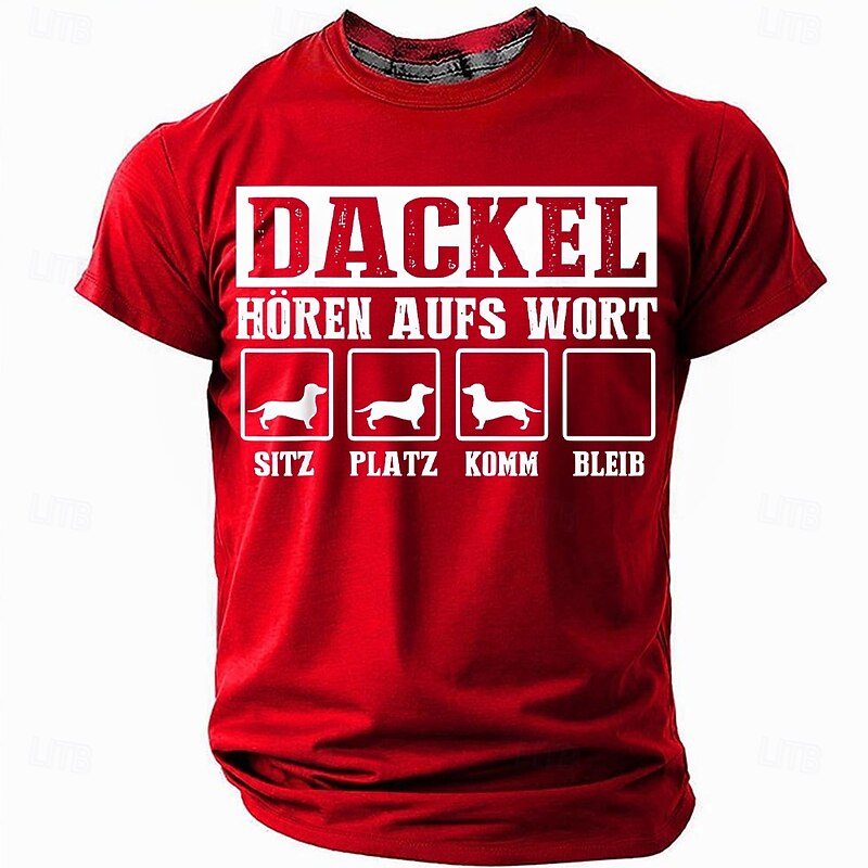 Mens Dachshund Graphic T-Shirt: 'Dackel Hören Aufs Wort' German Dog Commands Print - Sit, Down, Come, Stay Short Sleeve Tee
