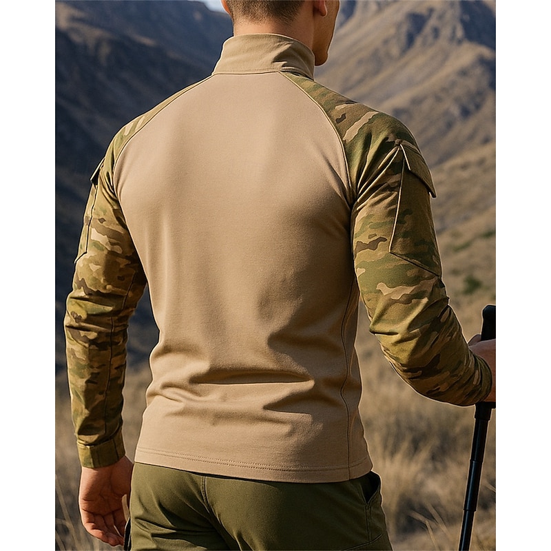 Men's Polo Sweatshirt Hiking top Long Sleeve Stand Collar Top Outdoor Breathable Quick Dry Lightweight Elastic Quarter-Zip Pullover Polyester Camo Army Green Light Brown Khaki Tennis Golf Running2