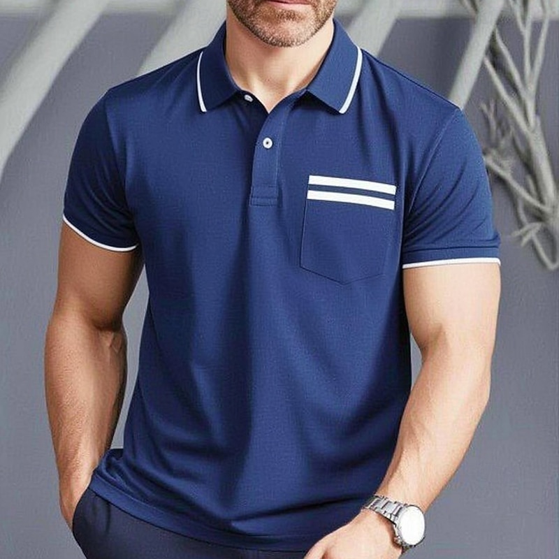Men's Polo Shirts Golf Shirt Casual Sports Classic Short Sleeve Fashion Cool Color Block Buttons Summer Spring &  Fall All Seasons Regular Fit Navy Blue Polo Shirts