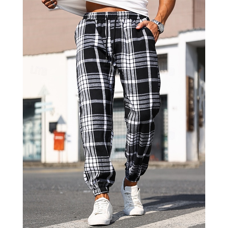 Men's Trousers Casual Pants Drawstring Elastic Waist Plaid Wearable Outdoor Daily Fashion Classic Black