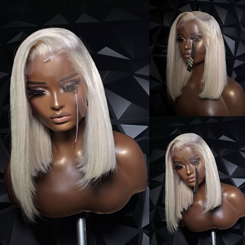 Brazilian Hair Wavy 100% Virgin Hair Glueless 5x5 Lace Closure Wigs Short Bob Ash Blonde 13x4 Lace Front Wig Awith Baby Hair Natural Hairline Pre-Plucked For Women
