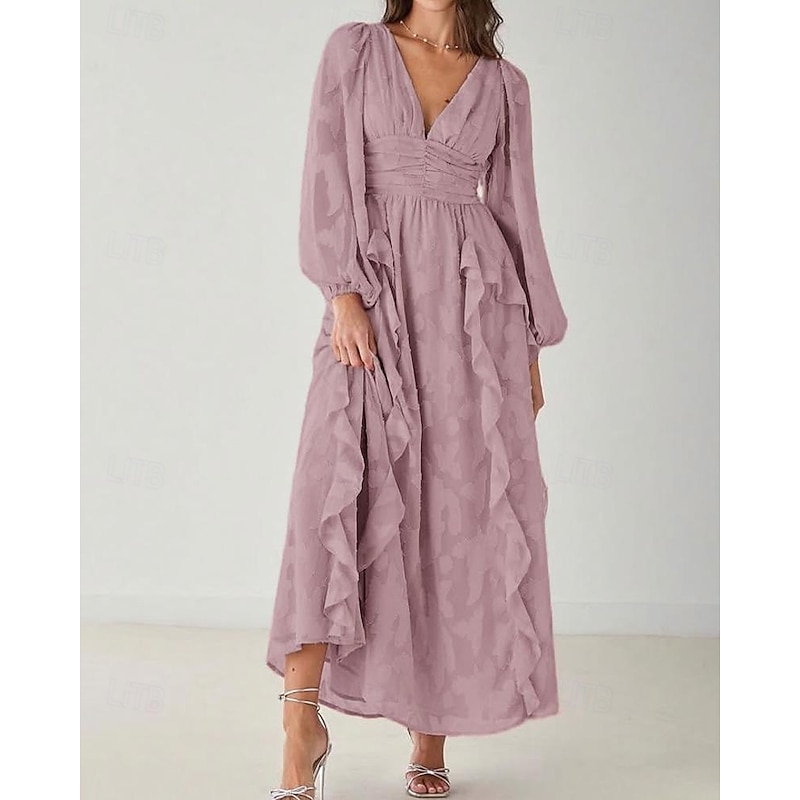 A-Line Mother of the Bride Dress Elegant Simple Minimalist V Neck Wedding Guest Dress Floor Length Floral Chiffon Lace Long Sleeve with Ruched Cascading Ruffles2