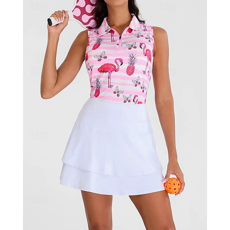 Women's Flamingos Sport Shirt Golf Polo Shirt Tennis Shirt Sleeveless Zipper High Elasticity Moisture Wicking Breathable Tennis Golf Pickleball Turndown Zip Collar Shirt Top Pink Tennis Clothing3