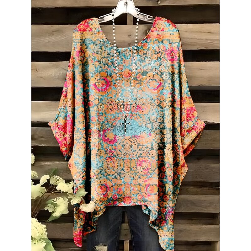 Women's Blouse Graphic Leopard Geometric Elegant Vintage Daily Short Sleeve Batwing Sleeve Crew Neck Regular Tops Daily Holiday Vacation Wear Red Blue Orange Khaki Summer Spring2