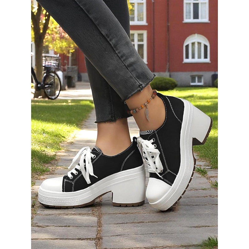 Women's Black Platform Chunky Heel Canvas Sneakers – Lace-Up Retro Street Style Shoes for Teens and Young Adults for Daily Walks Campus Life and Casual Outings4