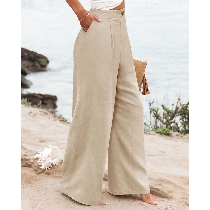 Women's Slacks Straight Streetwear Casual Full Length Natural Plain Pocket Comfy Outdoor Outdoor Vacation Apricot Grey Black White Summer Regular Fit2