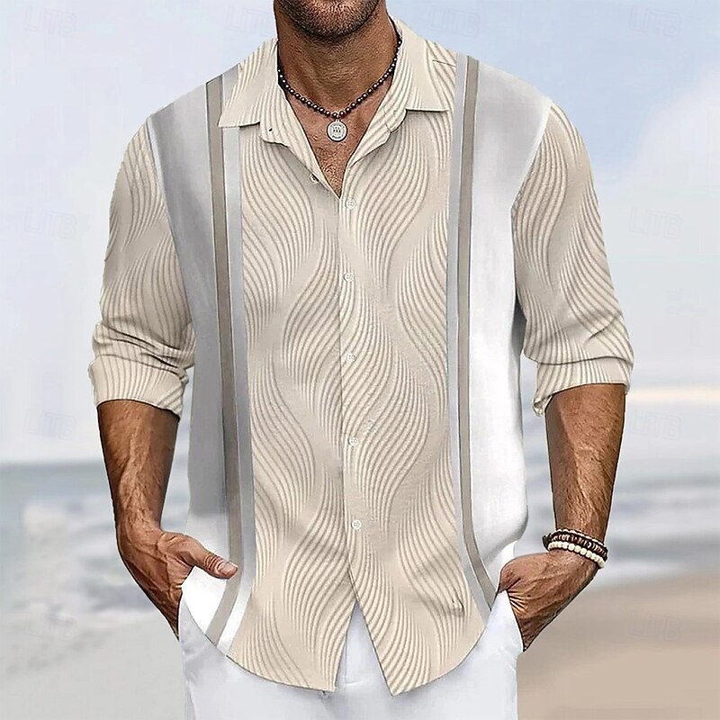 Men's Geometric Stripes Waves Shirt Button Up Shirt Casual Dress Shirt Long Sleeve Fashion Casual Vacation Daily Streetwear Summer Spring Turndown 3D Print Collared Shirts Khaki