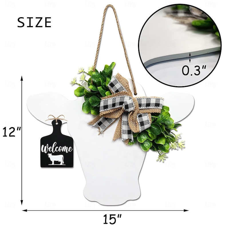 Farmhouse Cow Head Door Wreath with Buffalo Plaid Bow, Faux Floral Front Door Garland with Wooden Calf Sign, Rustic Country Wall Decor4