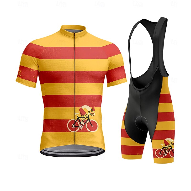 Men's Cycling Jersey with Bib Shorts Short Sleeve Orange Bike Sports Graphic Lines / Waves Stripes Clothing Apparel