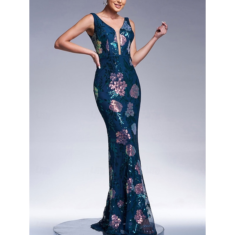 Mermaid / Trumpet Evening Gown Elegant Dress Formal Wedding Floor Length Sleeveless V Neck Lace with Sequin3