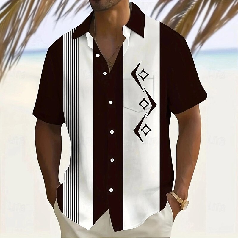 Men's Geometric Striped Color-blocking Shirt Summer Shirt Button Up Shirt Short Sleeve Fashion Casual Outdoor Vacation Dailywear Summer Spring Turndown 3D Print Collared Shirts Front One Pocket Black