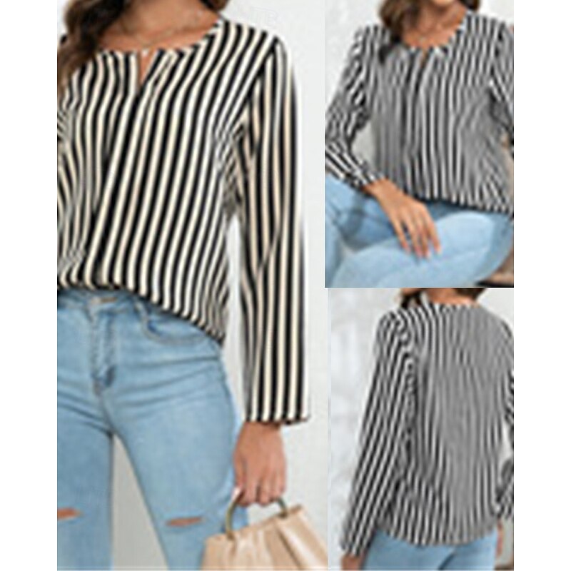 Women's Summer Tops Chiffon Tops Striped Daily Stylish Basic Long Sleeve V Neck Regular Tops Work Daily Holiday Print White Apricot Spring Fall