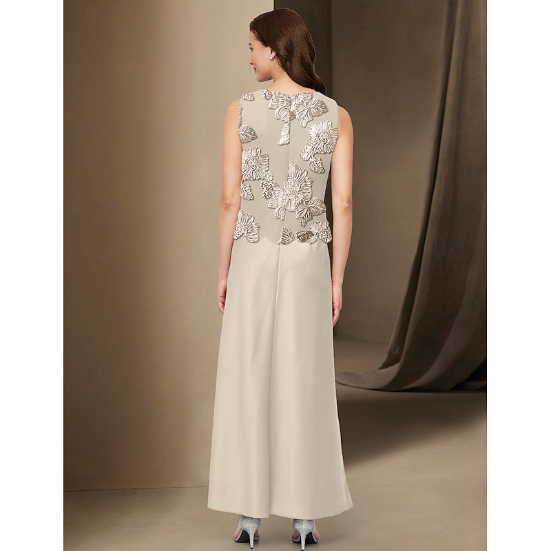 A-Line 3 Piece Mother of the Bride Dress Elegant Simple Casual Boat Neck Ankle Length Chiffon Long Sleeve with Lace4