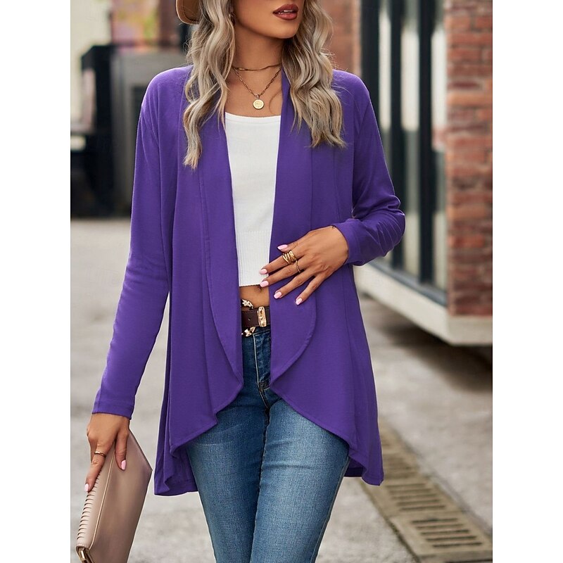 Women's Casual Jacket Breathable Comfortable Irregular Hem Casual Plain Vacation Street Casual Daily Wear Open Front Regular Shawl Collar Regular Fit Long Sleeve Outerwear Black Wine Purple Summer4