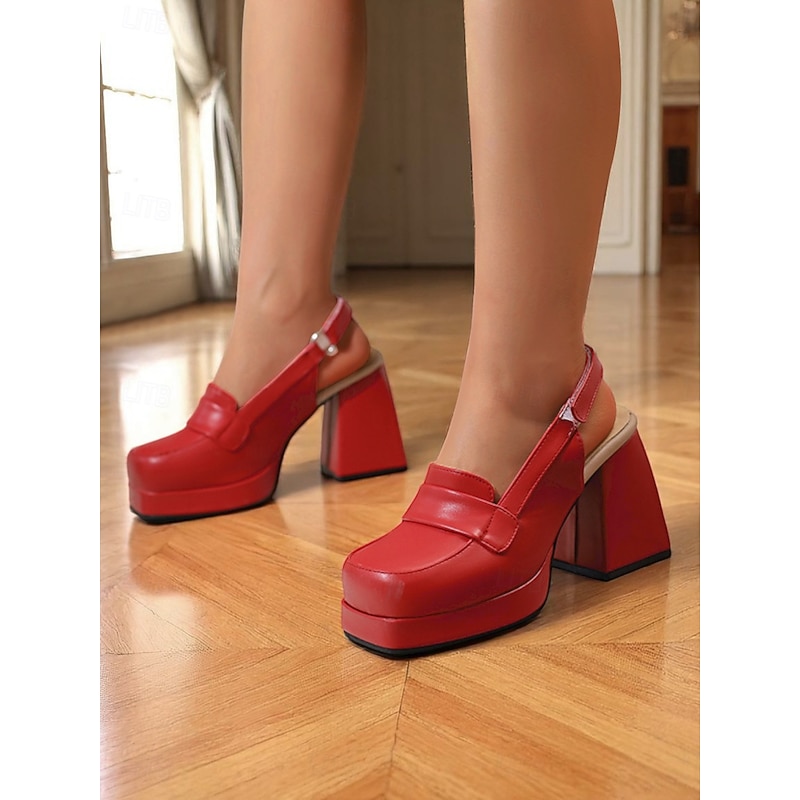 Women's Brown Chunky Platform Loafer Heels with Slingback Strap – Retro 1950s Style Block Heel Pumps for Fashion Events, Streetwear, and Daily Wear2