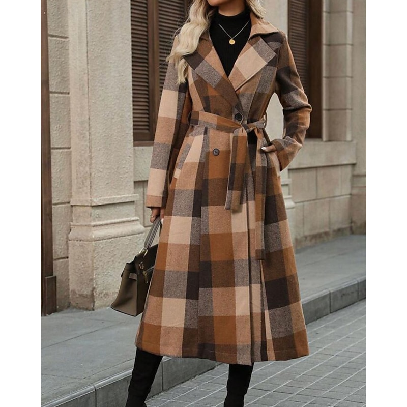 Women's Coat Trench Coat Warm Comfortable Buttons Pocket Fashion Modern Plaid Vacation Going out Double Breasted Long Turndown Regular Fit Long Sleeve Outerwear Coffee Fall Winter