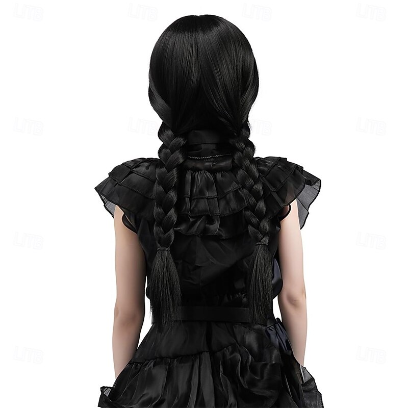 Long Braid Wig With Bangs Black Braided Wig Girls Halloween costume Wigs For Kids3