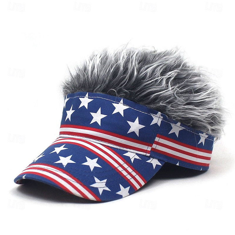Men's Visor Hat with Spiked Wigs Fake Hair Visor Wig Men Sun Hat Baseball Cap Wig Hat Coffee Gray Polyester / Cotton Blend Print Fashion Casual Daily Independence Day American Flag Adjustable