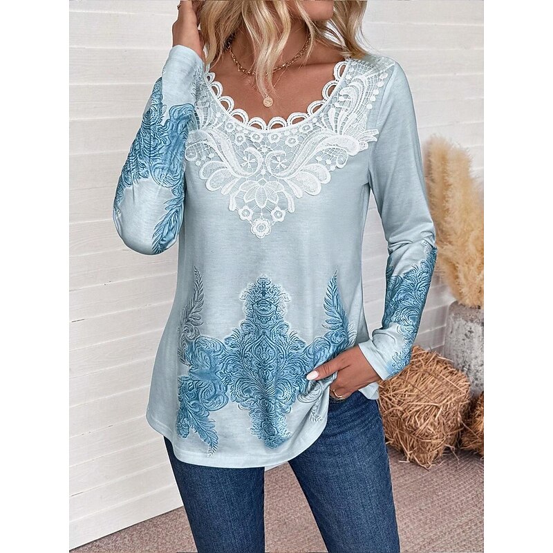 Women's Blouse Tunic Lace Splicing V Neck Long Sleeve Graphic Geometric Casual Crew Neck Regular Tops Daily Lace Pink Blue Purple Green Spring Fall3