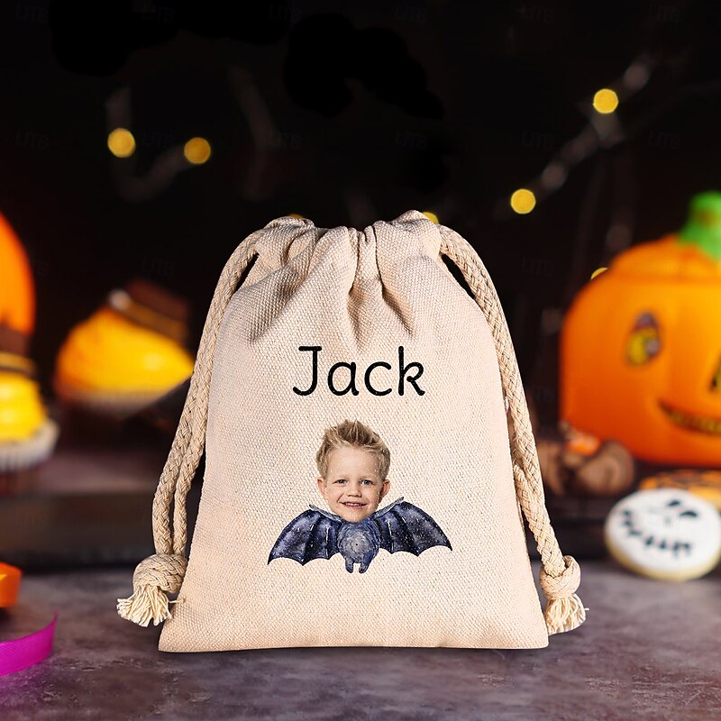 Personalized Photo & Name Halloween Treat Bag for Kids, Custom Dark Night Bat Candy Tote, Forest Theme Trick or Treat Sack, Cute Non-Scary Gift Bag for Kindergarten or Toddler Party2
