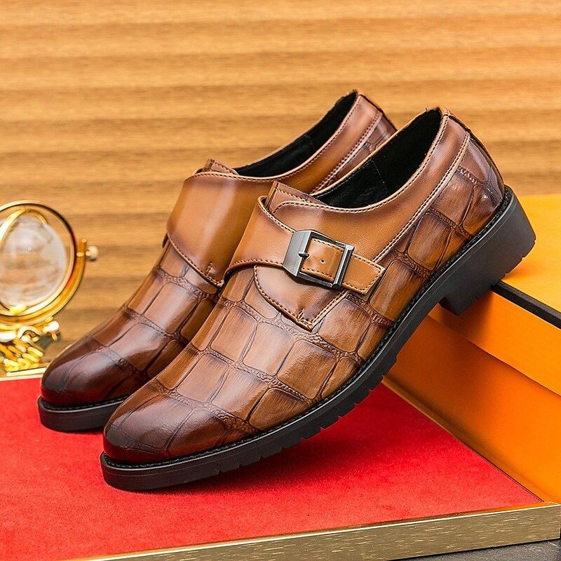 Men's Brown Faux Leather Monk Strap Dress Shoes with Crocodile Pattern – Elegant Formal Footwear for Office & Business Events3