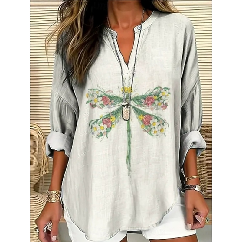 Women's Blouse Tunic V Neck Long Sleeve Boho Casual Tops Graphic Animal Dragonfly Bohemia Vintage Tropical Regular Tops Daily Wear Print Navy Blue Dusty Blue Light Grey Beige2