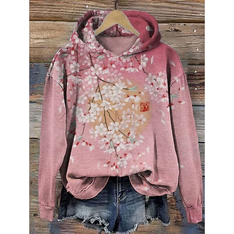 Women's Pullover Hoodie Sweatshirt Floral Warm Vintage Western Long Sleeve Hooded Regular Tops Street Dailywear Vacation Wear Print Black White Pink Orange Brown Fall Winter2