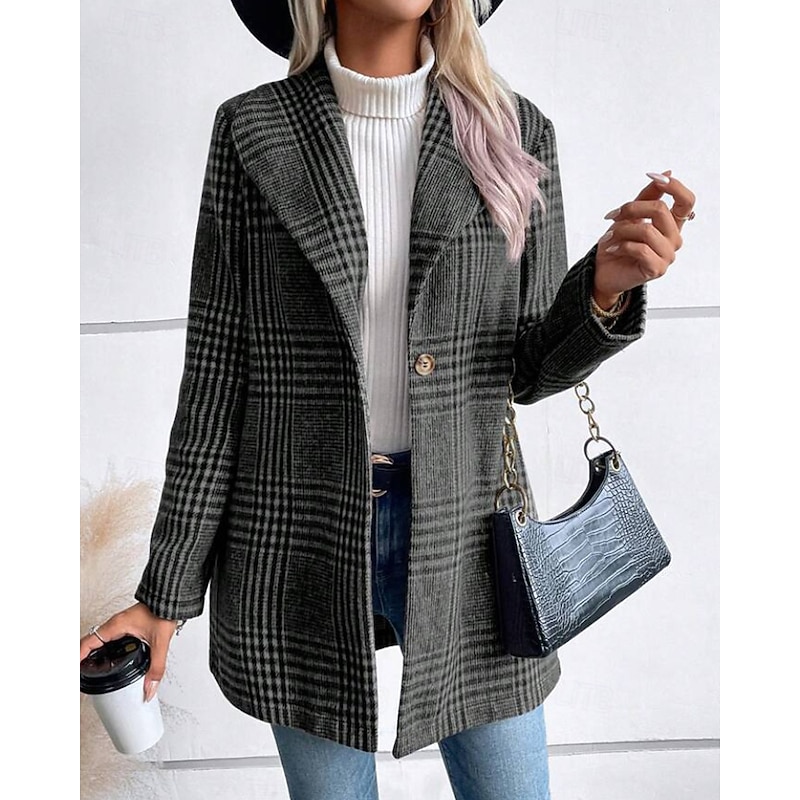 Women's Coat Warm Comfortable Buttons Casual Plaid Outdoor Holiday Single Breasted Regular Turndown Regular Fit Long Sleeve Outerwear Red Camel Gray Fall Winter3