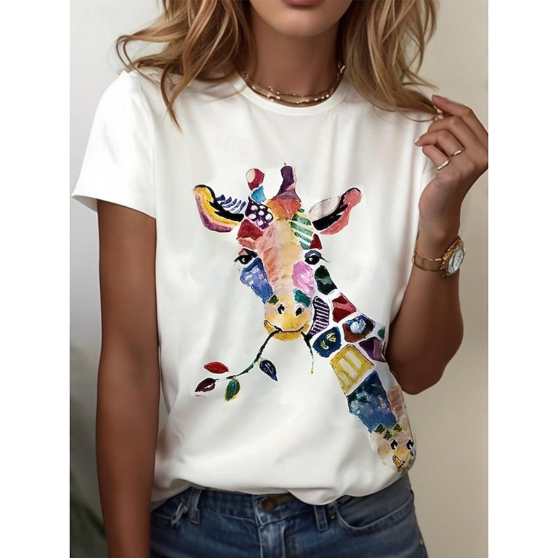 Women's T Shirt Graphic Animal Giraffe Vintage Stylish Classic Short Sleeve Crew Neck Round Neck Regular Tops Daily Weekend Print White Yellow Blue Orange Brown Summer Spring