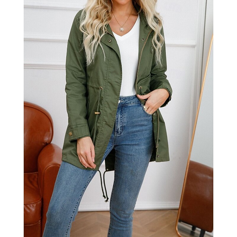 Women's Trench Coat Warm Comfortable Zipper Pocket Fashion Outdoor Plain Going out Weekend Zipper Regular Hooded Regular Fit Long Sleeve Outerwear Black White Army Green Fall Winter3