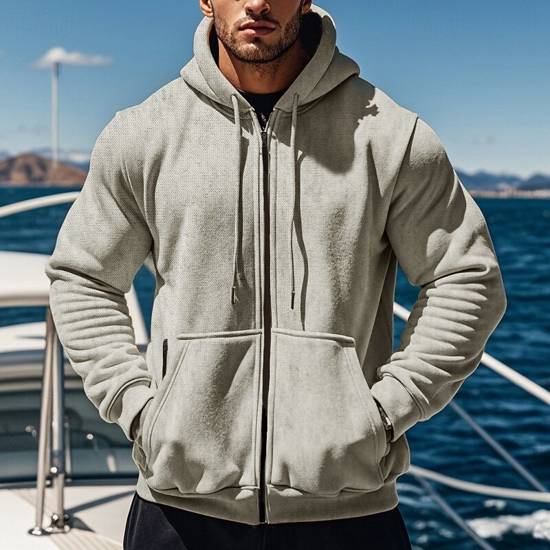 Men's Hoodie Full Zip Hoodie Black Navy Blue Khaki Gray Hooded Plain Pocket Sports & Outdoor Daily Holiday Polyester Streetwear Basic Casual Spring Autumn / Fall Clothing Apparel Hoodies Sweatshirts