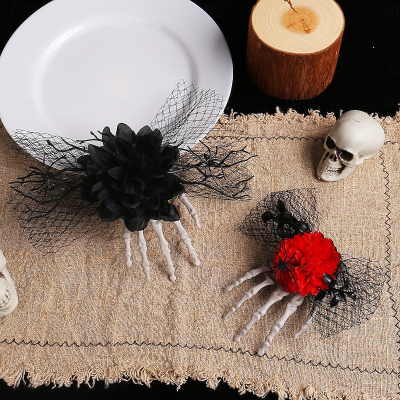Halloween Skull Hand Bone Rose Hair Clip, Spooky Mesh Side Clip, Unique Party Costume Hair Accessory3