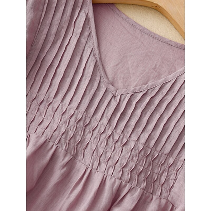 Women's Cotton Linen Shirts Solid Color Basic Casual Half Sleeve V Neck Regular Tops Daily White Pink Blue Purple Summer2
