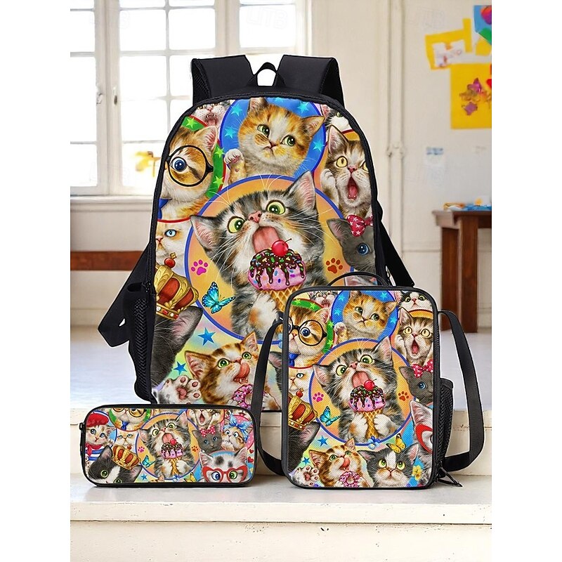 Children's 3-Piece Cat Print Backpack Set with Lunch Bag and Pencil Case – Cute Cartoon Style, Durable and Lightweight, Perfect for Girls' School, Travel and Daily Use Kayomi Harai