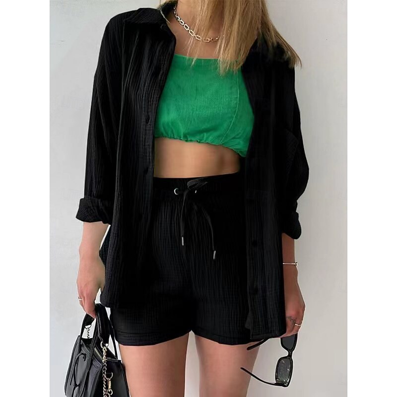 Women's Elegant Fashion Streetwear Cotton Linen Sets Long Sleeve Shirt Collar Solid Color Outdoor Work Casual Black Purple Orange Summer Loose Fit4