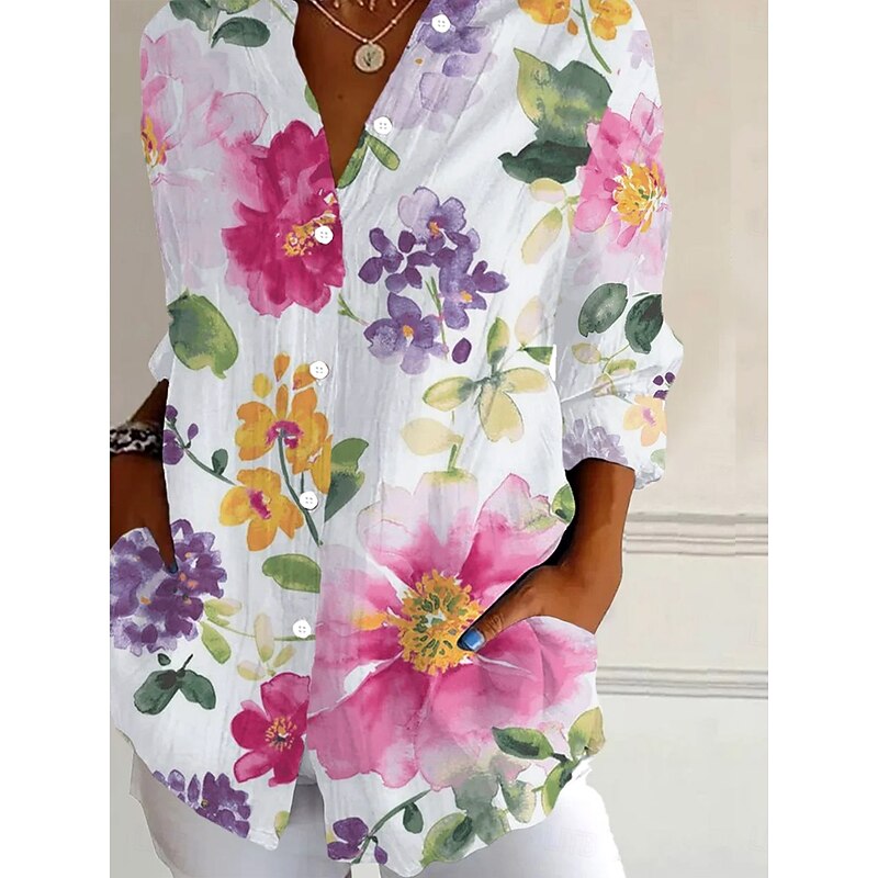 Women's Shirt Button Down Tunic Shirt Collar Long Sleeve Floral Graphic Vintage Tropical Daily Regular Tops Work Daily Holiday s Print Pink Spring Fall3