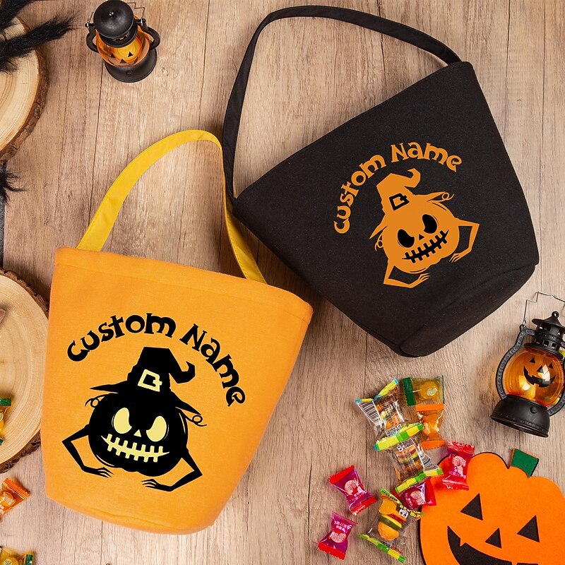 Personalized Name Halloween Treat Bag for Kids Trick or Treat Custom Candy Tote Bag Basket Gift Bag, Reusable Pumpkin Ghost Party Favor for Toddlers