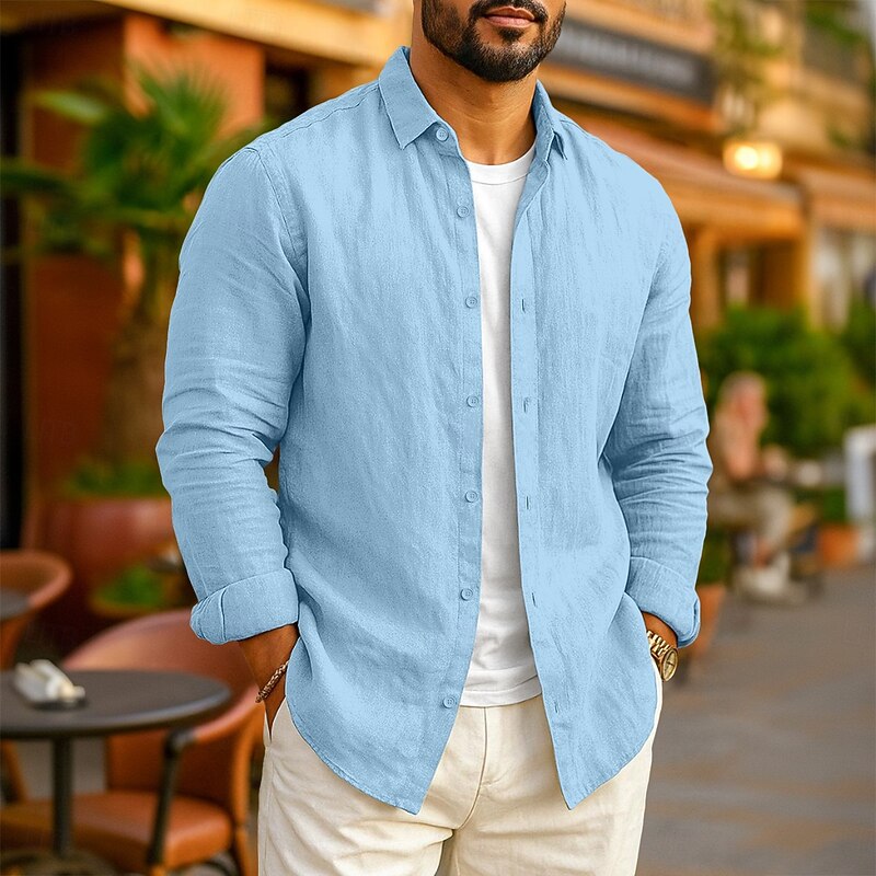 Men's Linen Shirt Summer Shirt Beach Wear Casual Shirt Button Up Shirt Plain Vacation Casual Black White Pink Navy Blue Long Sleeve Lapel N / A Clothing Apparel2