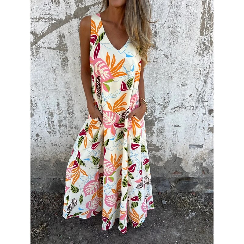 Women's Maxi Dress A Line Dress Slip Dress Vacation Casual Boho Outdoor Going out Regular Fit Floral Sleeveless V Neck Blue Apricot Beige Summer4