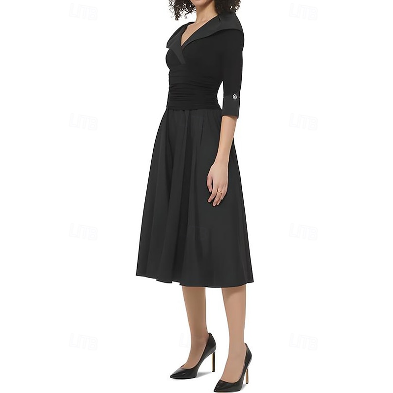 A-Line Sheath / Column Portrait Collar Mother of the Bride Dress Elegant Simple Minimalist V Neck Fit and Flare Dress Tea Length Tafetta Stretch Chiffon 3/4 Length Sleeve with Buttons Ruched2