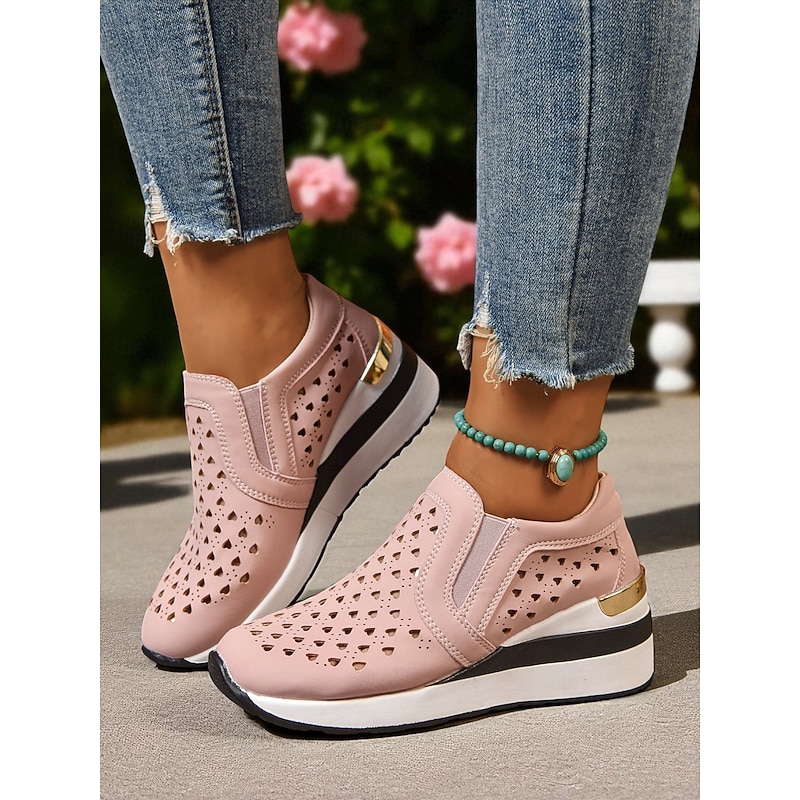Women's Pink Wedge Sneakers – Breathable Cutout Slip-On Walking Shoes with Gold Heel Detail for Travel, Work and Summer Outings2