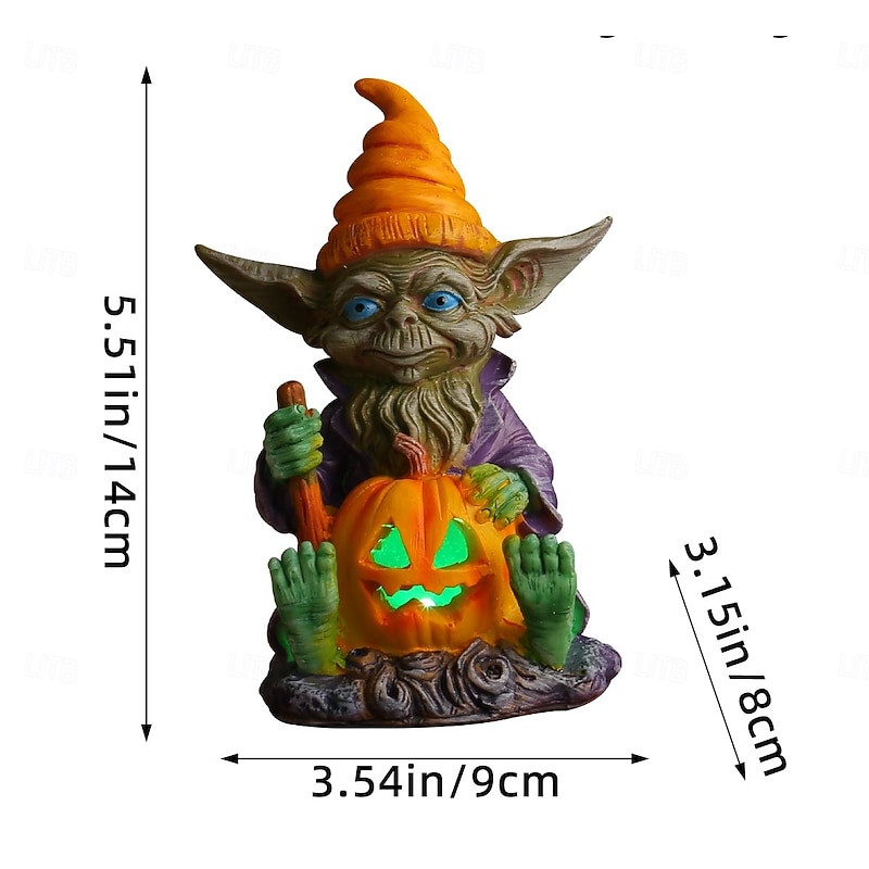 Halloween Goblin Resin Figurine Holding Pumpkin with Lights, Glowing Elf Resin Craft Ornament, Home Tabletop Decor3