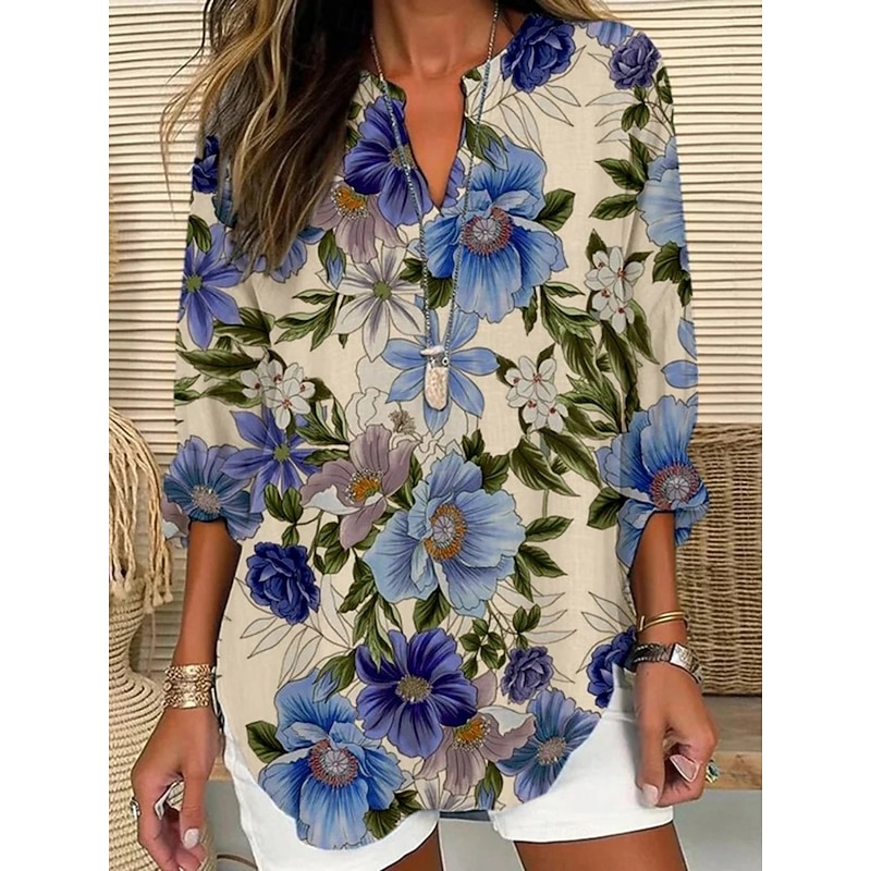 Women's Blouse Floral Stylish Modern Long Sleeve V Neck Regular Tops Daily Holiday Print White Yellow Blue Orange Apricot Summer2