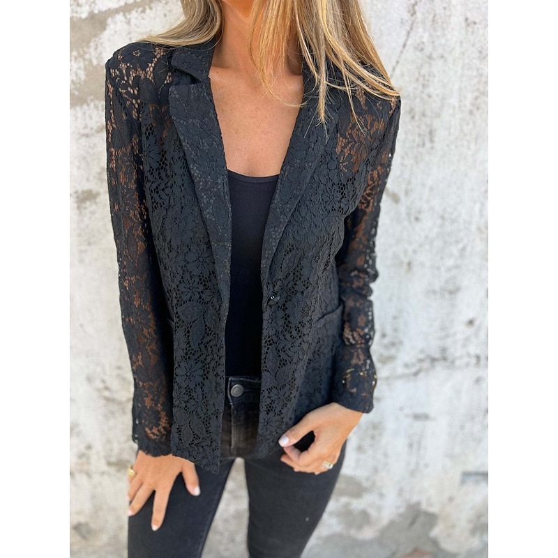 Women's Blazer Breathable Comfortable Lace Patchwork Casual Plain Office Street Casual Daily Wear Open Front Regular Turndown Regular Fit Long Sleeve Outerwear Black White Summer4